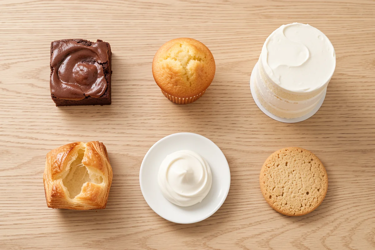Flat-lay of assorted baked goodsâa chocolate brownie, muffin, frosted layer cake, flaky pastry, sugar cookie, and a dollop of whipped creamâarranged on a light wood surface.