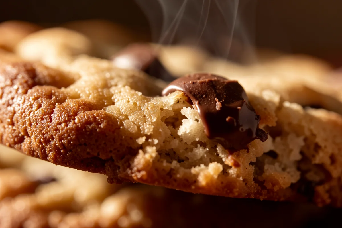 Close-up macro photo of a broken chocolate chip cookie with a melting chocolate chip and steam rising.