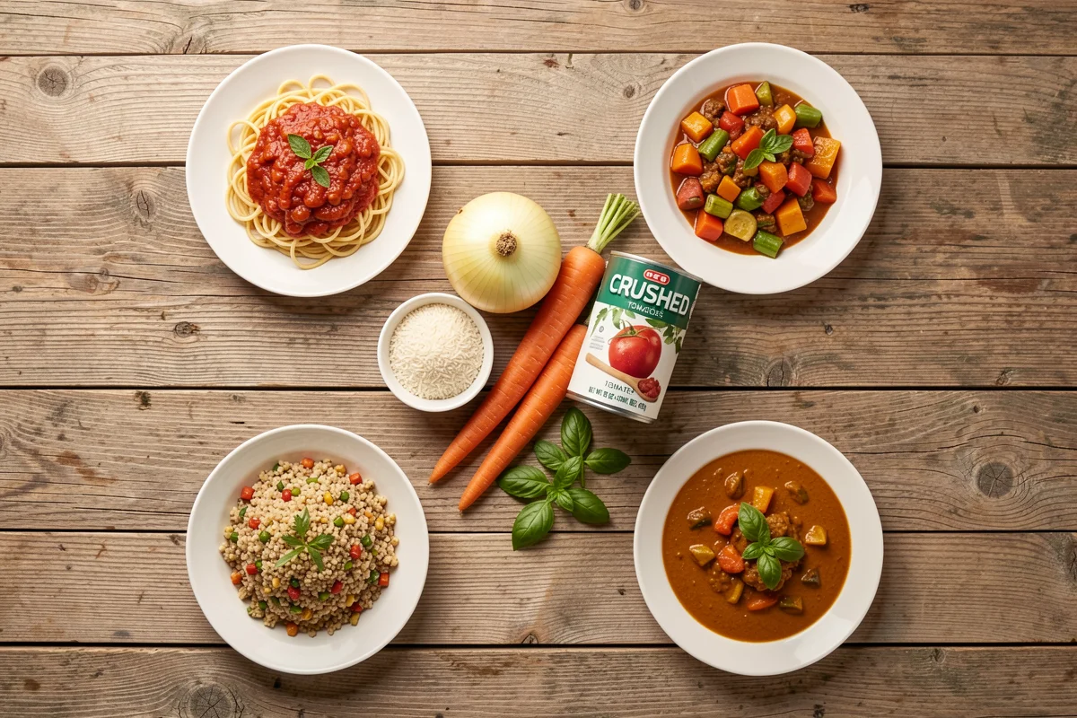 Flat-lay of four prepared home-cooked dishes arranged around raw ingredients including carrots, an onion, a bowl of rice, fresh basil, and a can of crushed tomatoes on a rustic wooden table.