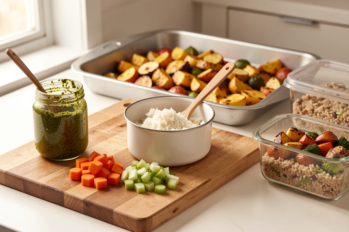 A kitchen counter with batch-cooked meal prep: a sheet pan of roasted potatoes and vegetables, a bowl of white rice, a jar of pesto, diced carrots and celery on a cutting board, and glass containers of couscous with roasted veggies.