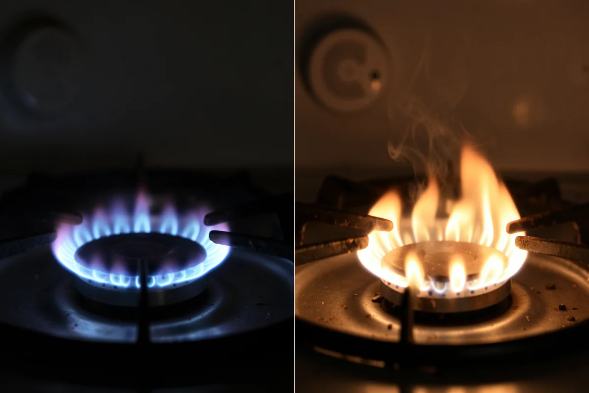 Side-by-side view of a gas stove burner with a clean blue flame on the left and an orange, smoking flame on the right.