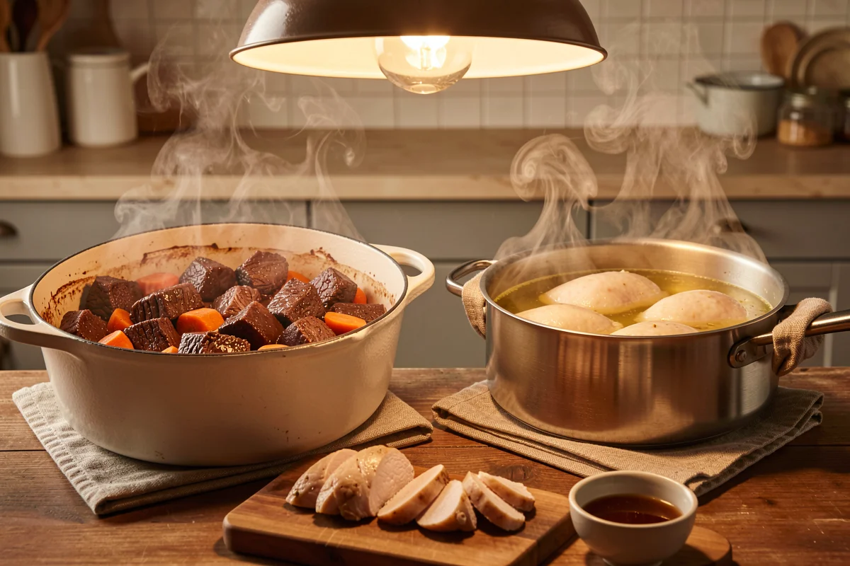 Two steaming pots of home-cooked stew and dumplings sit on a wooden table beside a cutting board of sliced meat and a small bowl of gravy.